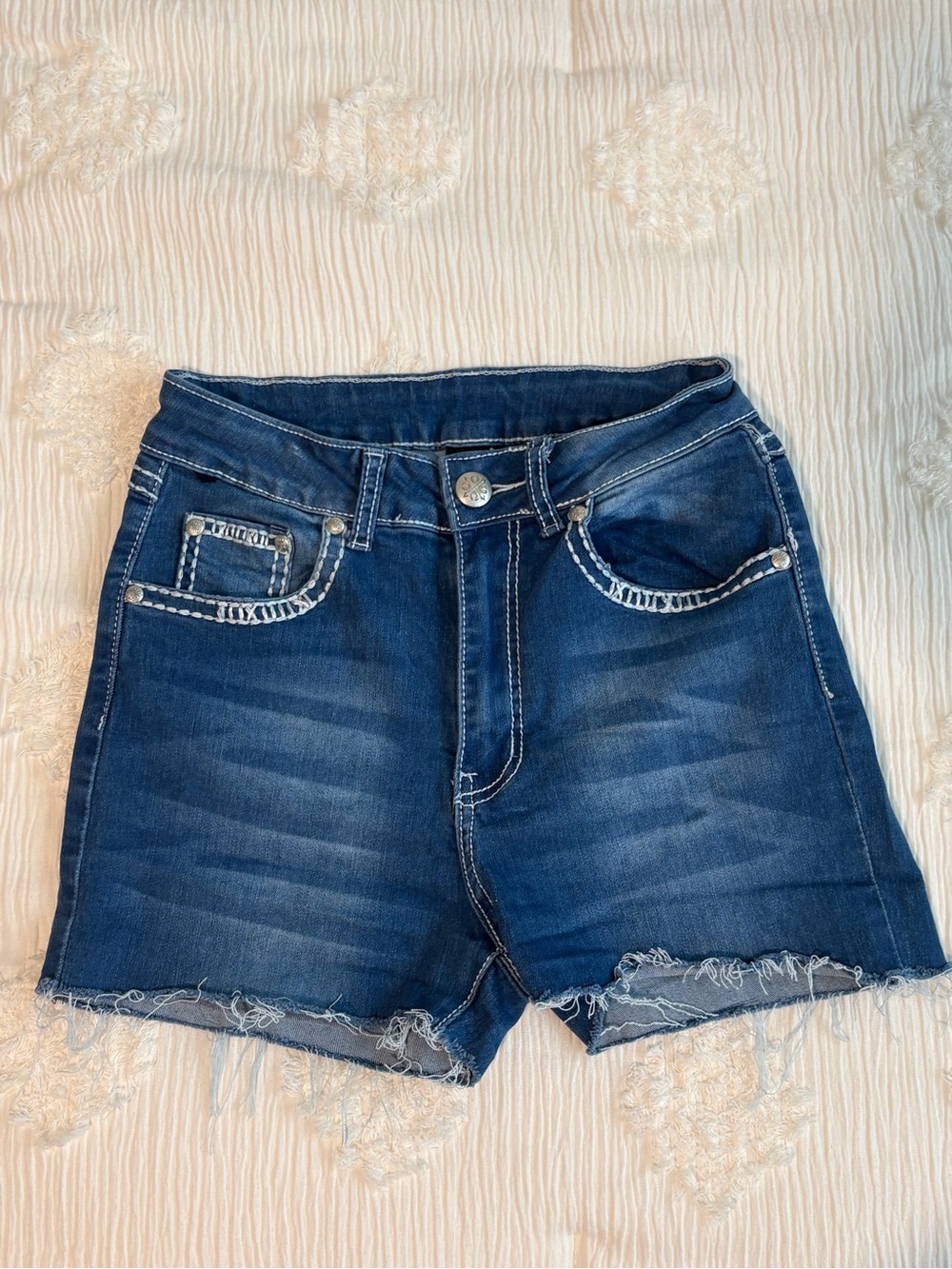H&Y Jeans Embellished Denim Shorts Blue customCut-Off Rhinestone Wing Y2K